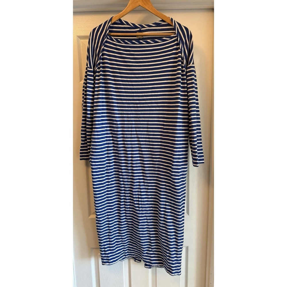 Free-est Midi Dress Women Small Blue White Striped Cotton Long Sleeve Boat Neck